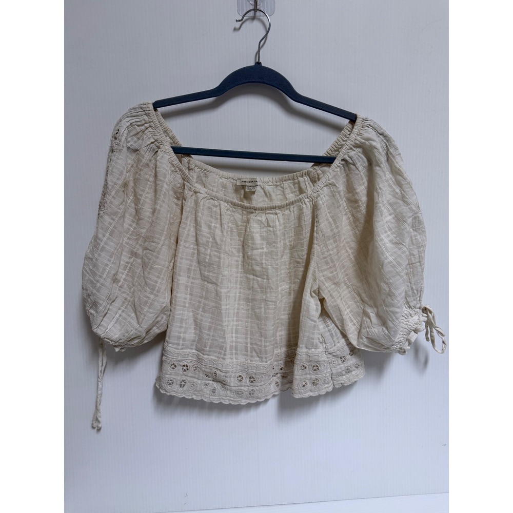 American Eagle Cream Eyelet Lace Puff Sleeve Peasant Blouse XS Boho Off Shoulder